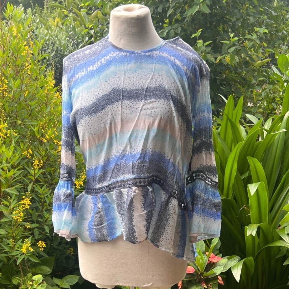 Zac & Rachel Blue White Abstract Stripe Bell Sleeve Peplum Top Crochet Trim M